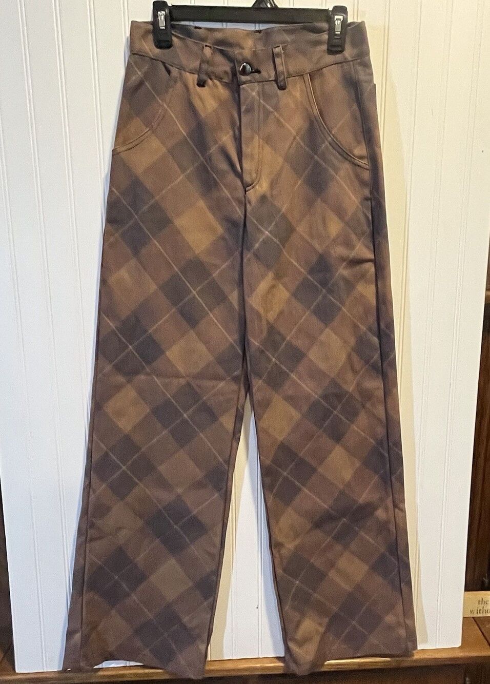 Ladies Rust Orange Plaid Wide Leg Retro Trousers Academia Y2K Size Large